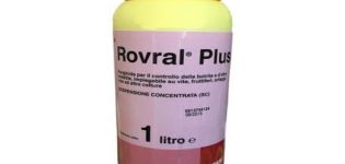 Instrucciones de uso del fungicida Rovral, composición y forma de liberación del producto.