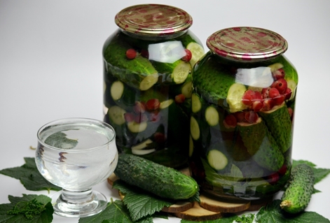 ingelegde komkommers met basilicum in potten op tafel