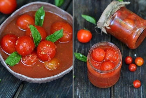 ķiršu tomātus savā sulā bļodā
