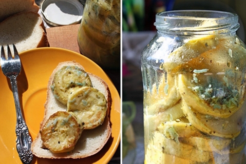 the appearance of fried zucchini in a jar