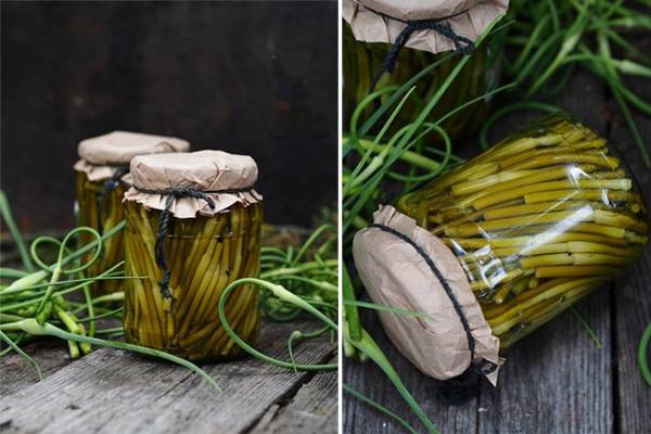 pickled arrows of garlic in a jar