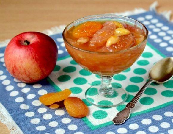 Apple jam with dried apricots, almonds and Amaretto