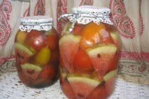 6 labākās receptes tomātu vārīšanai ar arbūzu ziemai bez sterilizācijas